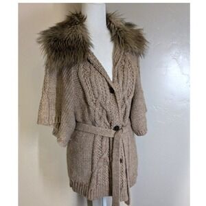 LOFT Tan Cable Knit Cardigan with Faux Fur Collar
